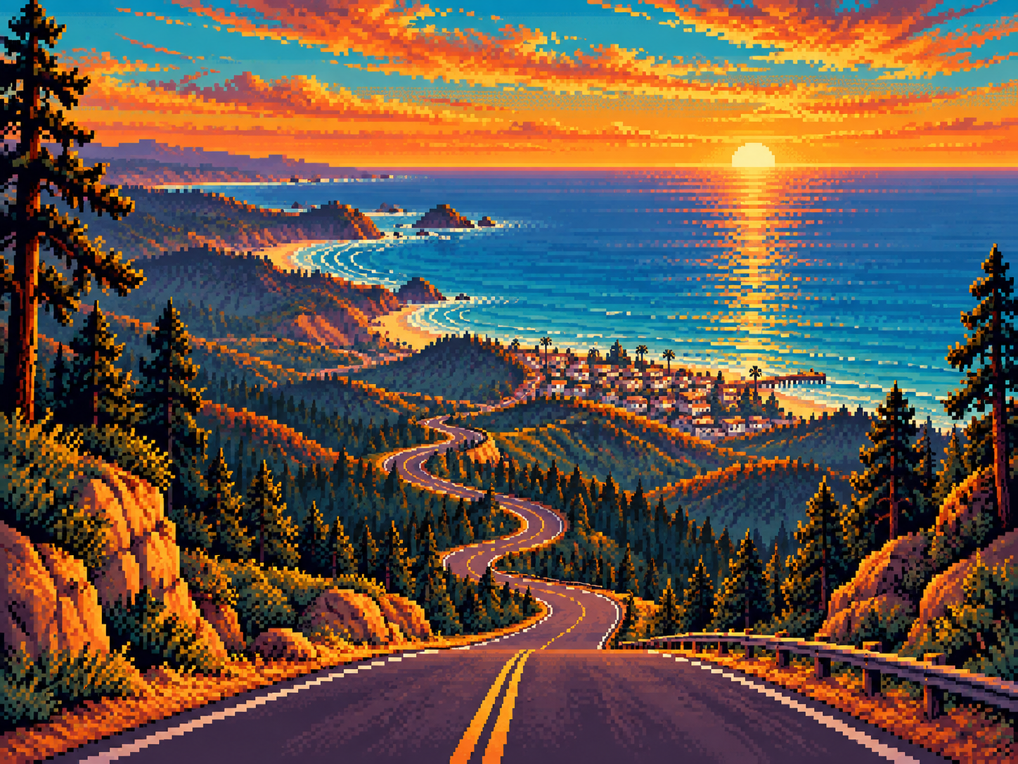 Pixel-art mountain road winding down to the distant ocean at sunset