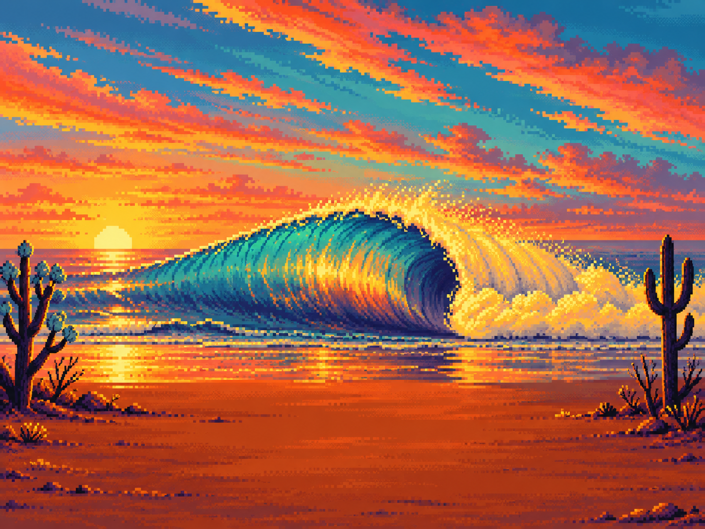 A golden turquoise wave breaking at sunset, framed by desert cactus silhouettes